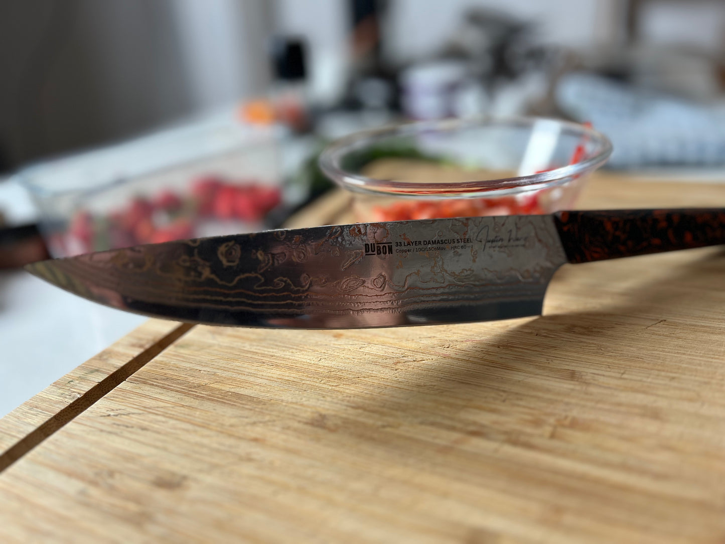 Chef Knife - 8in Damascus Steel & Copper Blade